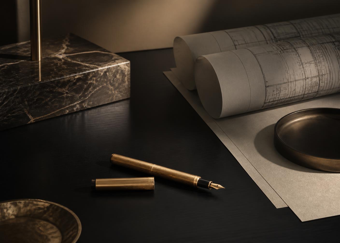 Fountain pen, plans and marble on a dark executive desk